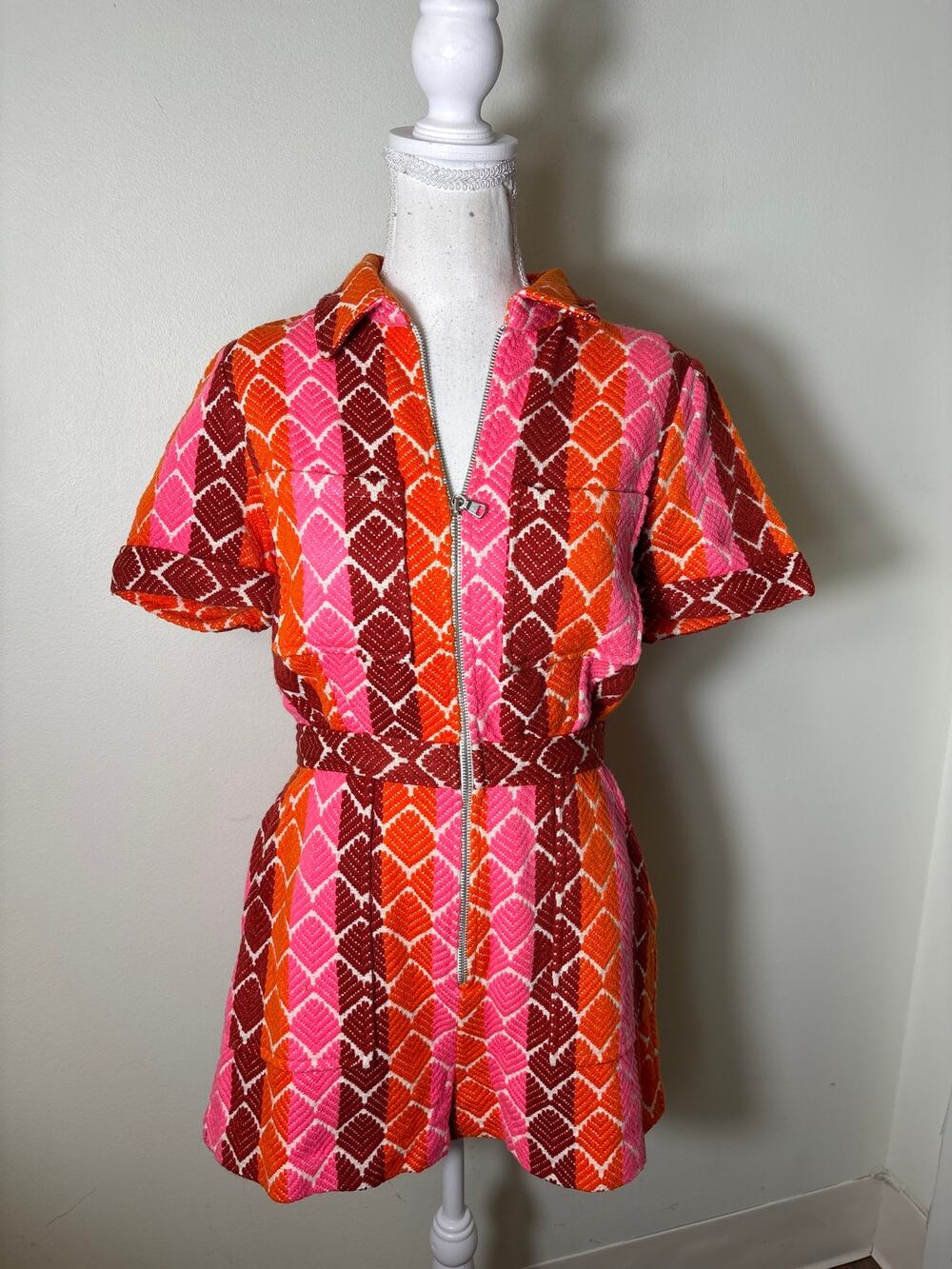 Saylor Red Pink Orange Heavy Knit Romper Sz S